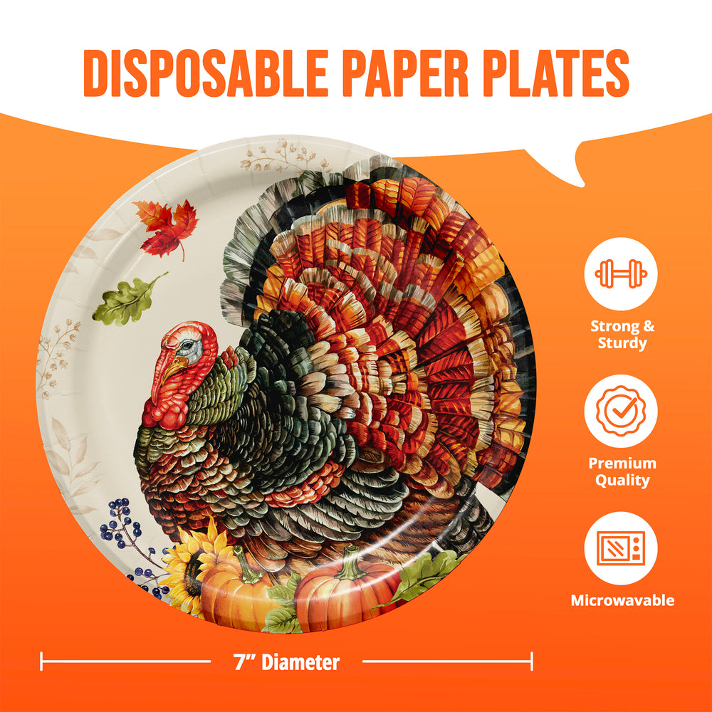 A disposable paper plate with a colorful turkey illustration, shown on an orange graphic background with text reading 'DISPOSABLE PAPER PLATES' and feature icons for strong and sturdy, premium quality, and microwavable use. The plate is labeled 7" Diameter.