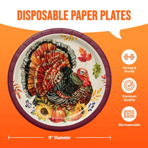 A 9-inch disposable paper plate with a Thanksgiving turkey illustration, shown on an orange background with text reading 'DISPOSABLE PAPER PLATES' and feature icons for strength, quality, and microwave use.