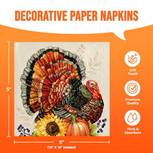Decorative paper napkins featuring a colorful turkey illustration with pumpkins and autumn leaves, shown with size and feature callouts on an orange background.