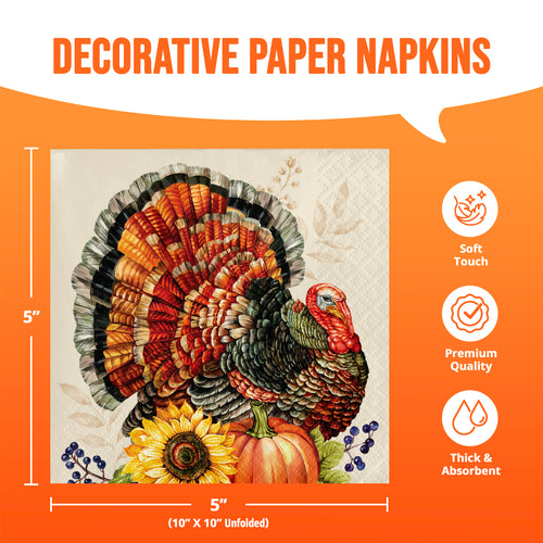 Decorative paper napkins featuring a colorful turkey illustration with pumpkins and autumn leaves, shown with size and feature callouts on an orange background.