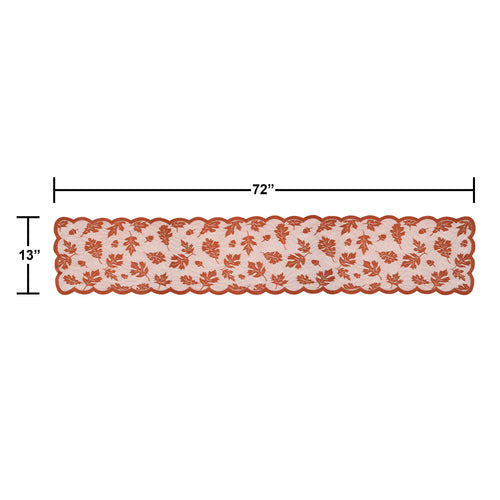 A rectangular table runner with a scalloped edge, featuring a terracotta orange floral and leaf pattern on a white background, shown with dimension lines indicating 72 inches in length and 13 inches in width.