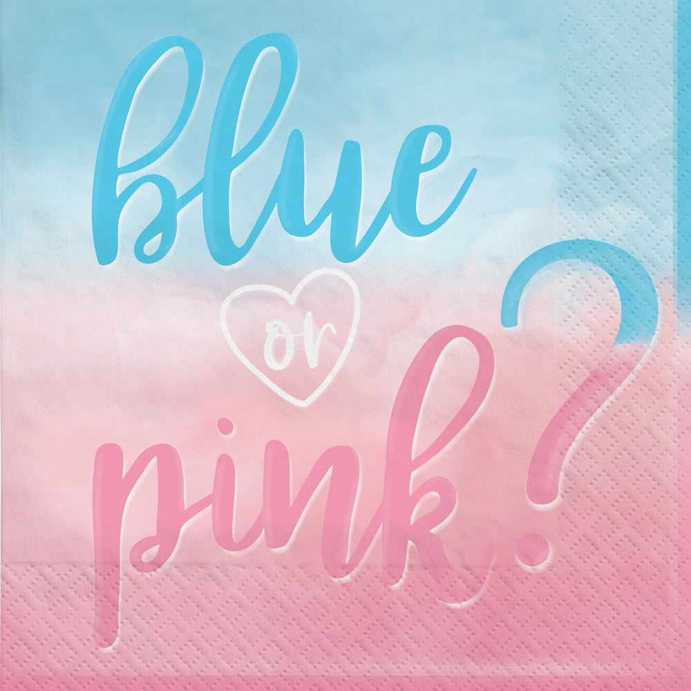 Napkin with 'Blue or Pink?' text on a gradient background