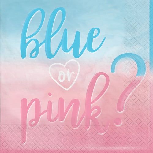 Napkin with 'Blue or Pink?' text on a gradient background