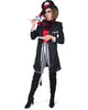 Person wearing a black and red costume with a top hat and striped pants on a white background