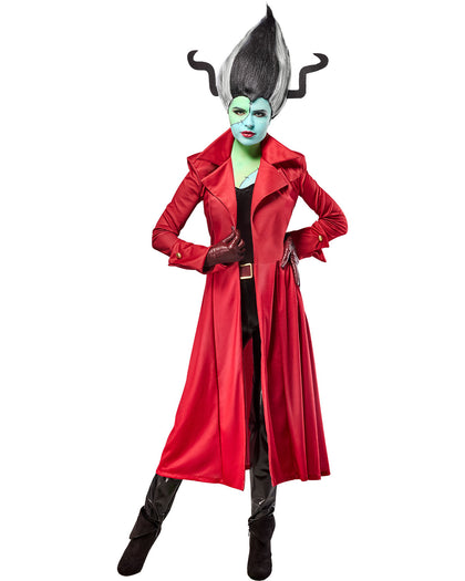 Person wearing a red coat with a green face and black hair on a white background