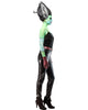 Person wearing a futuristic costume with black leather outfit and green accents on a white background