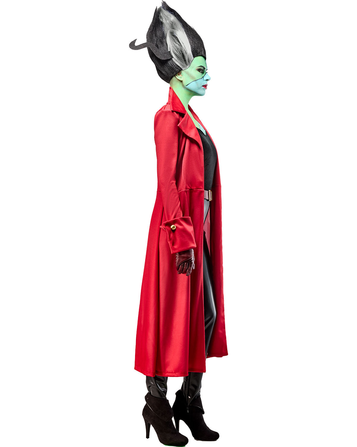 Character in a red coat with green skin and black hair on a white background