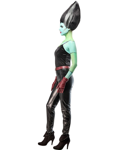 Character in a black and red costume with green skin on a white background