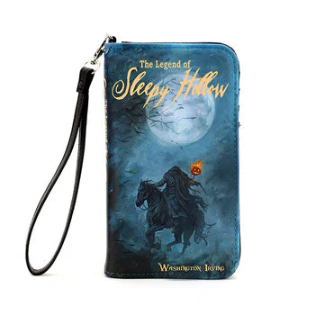 Wallet with 'The Legend of Sleepy Hollow' design featuring a ghost and horse, on a blue background.