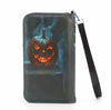 Black wallet with a Halloween design of a jack-o'-lantern on a white background