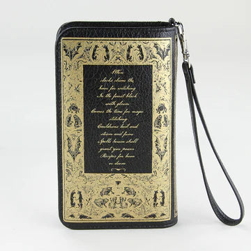 Wristlet with vintage-style design and text on a white background