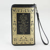 Wristlet with vintage-style design and text on a white background