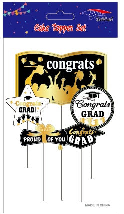 Graduation-themed cake topper set with 'Congrats Grad' text on sticks, packaging at the top.