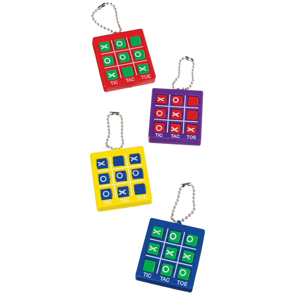 Four colorful tic-tac-toe keychains on a white background