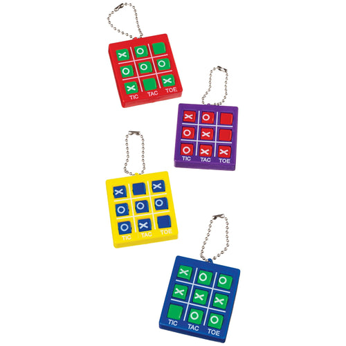 Four colorful tic-tac-toe keychains on a white background