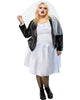 Person wearing a white dress with a black leather jacket on a white background