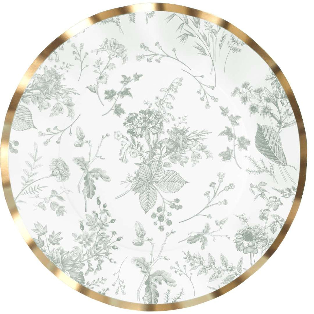 Round decorative plate with floral pattern and gold rim on a white background