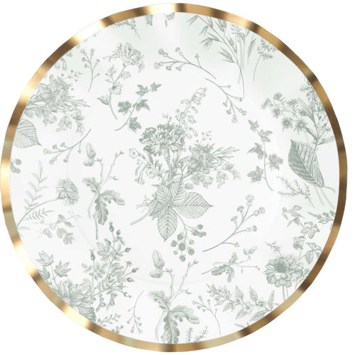 Round decorative plate with floral pattern and gold rim on a white background