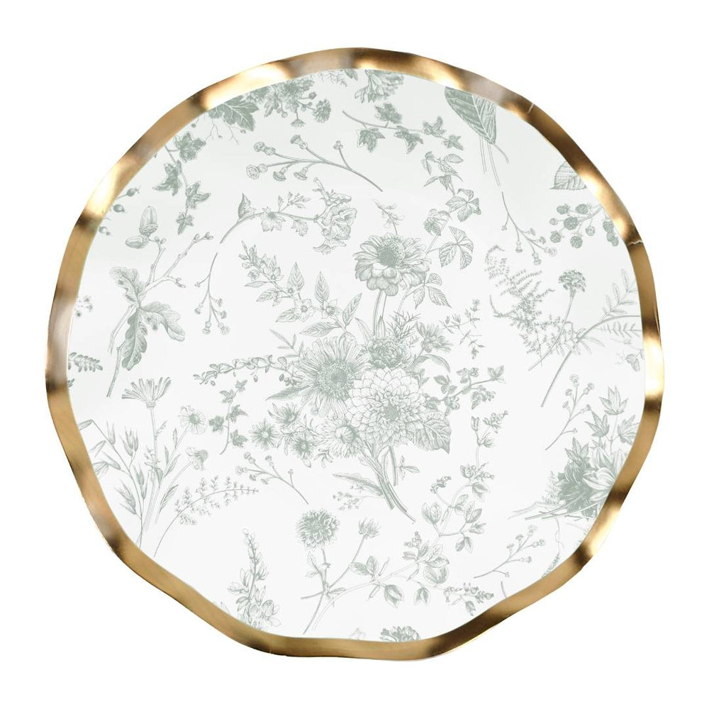 Round plate with floral pattern and gold rim on a white background