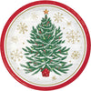 Round paper plate with a Christmas tree design on a white background