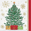 Christmas tree with decorations and presents on a wooden background with gold snowflakes.