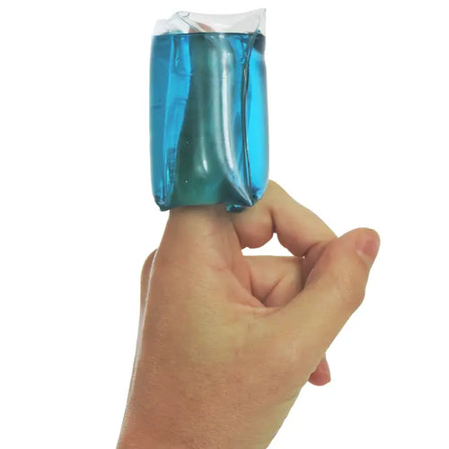 Hand holding a blue gel pack against a white background