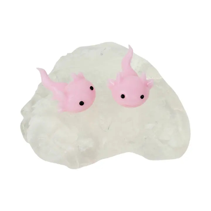 Two small pink axolotl figurines with black eyes resting on a white, cloud-like textured base against a plain white background.