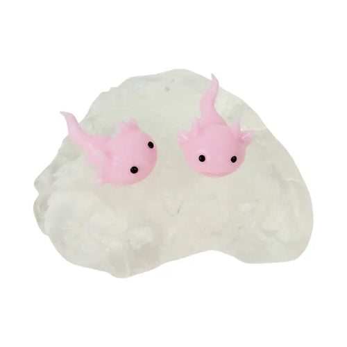 Two small pink axolotl figurines with black eyes resting on a white, cloud-like textured base against a plain white background.
