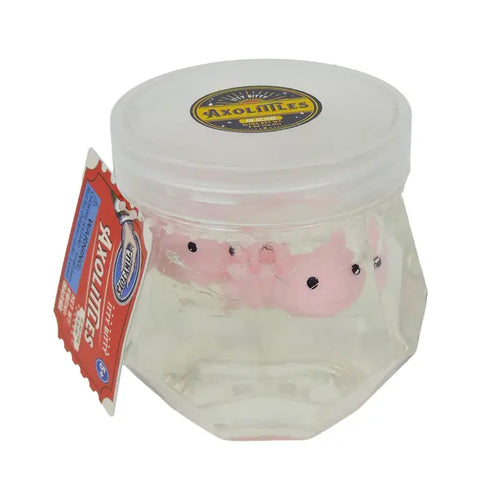 A clear plastic jar with a white lid containing a pink pig-shaped novelty item, with a red and blue Axolimts product tag attached on the left side, set against a plain white background.
