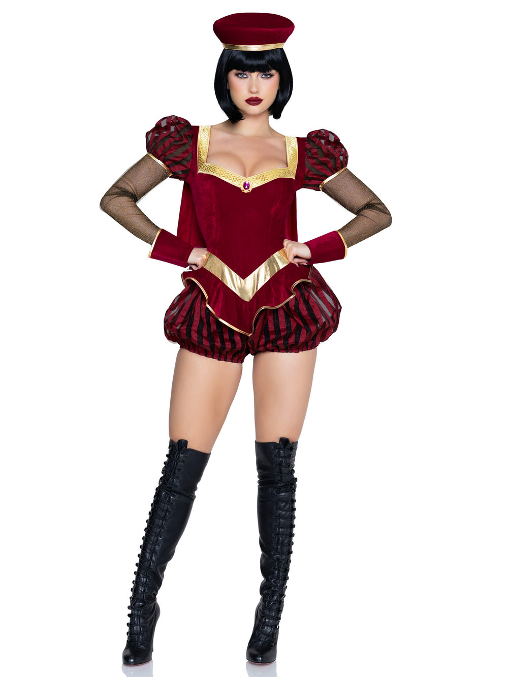 A woman modeling a red and black costume with gold trim, featuring a short puff-sleeve top, striped shorts, a matching red hat, sheer long sleeves, and black thigh-high boots, against a plain white background.