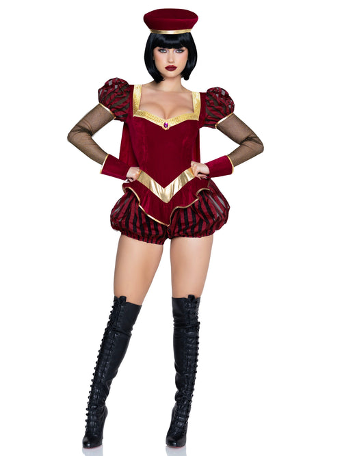 A woman modeling a red and black costume with gold trim, featuring a short puff-sleeve top, striped shorts, a matching red hat, sheer long sleeves, and black thigh-high boots, against a plain white background.