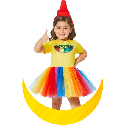 Child in a Crayola costume with a rainbow tutu and red hat on a white background