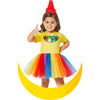Child in a Crayola costume with a rainbow tutu and red hat on a white background