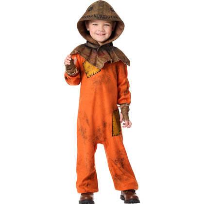 Child wearing an orange and brown corn costume on a white background