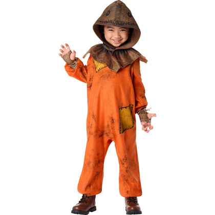 Child wearing a scarecrow costume on a white background