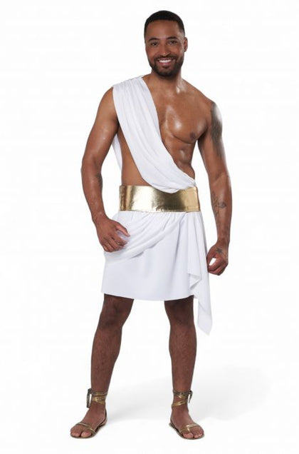 Man wearing a white toga with a gold belt on a white background
