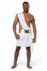 Man wearing a white toga with a gold belt on a white background