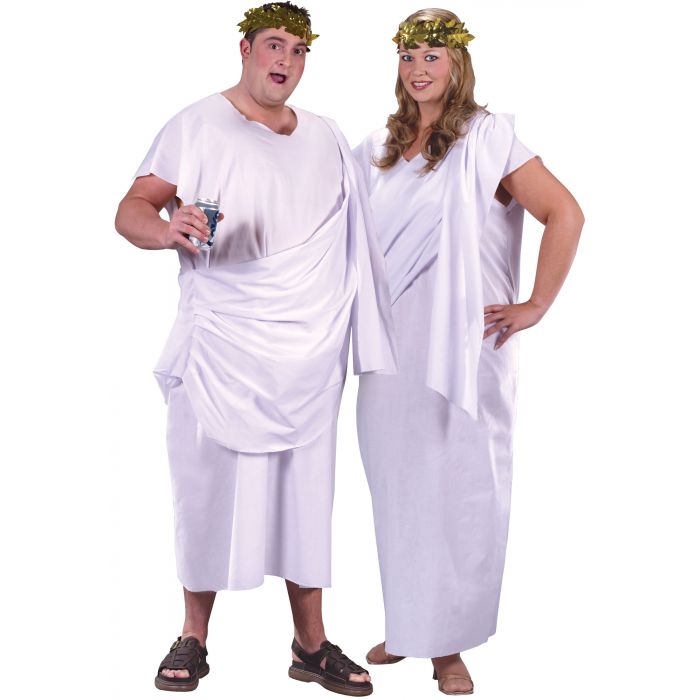 Two people in white togas with laurel wreaths on a white background