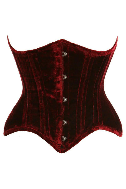 Top Drawer Dark Red Crushed Velvet Double Steel Boned Curvy Cut Waist Cincher Corset