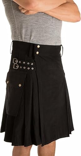 Black kilt with button details worn by a person on a white background