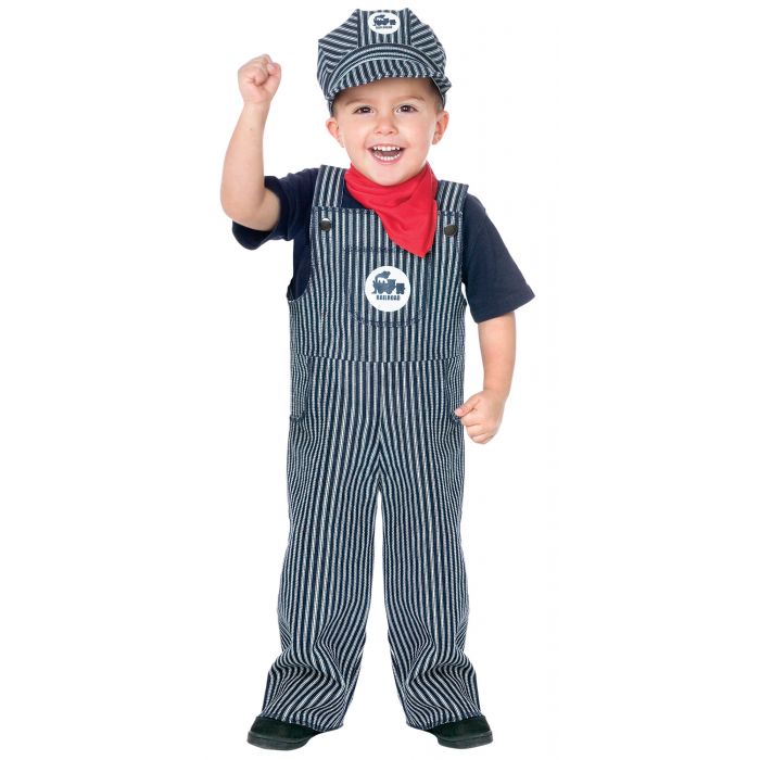 A young boy modeling a toddler railroad worker costume, featuring a black and white striped cap, matching striped overalls with a white circular logo patch, a black t-shirt, and a red neckerchief, set against a plain white background.