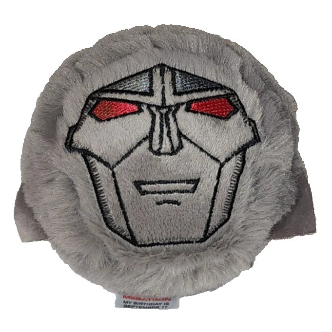 Gray plush toy with a robot face design on a white background
