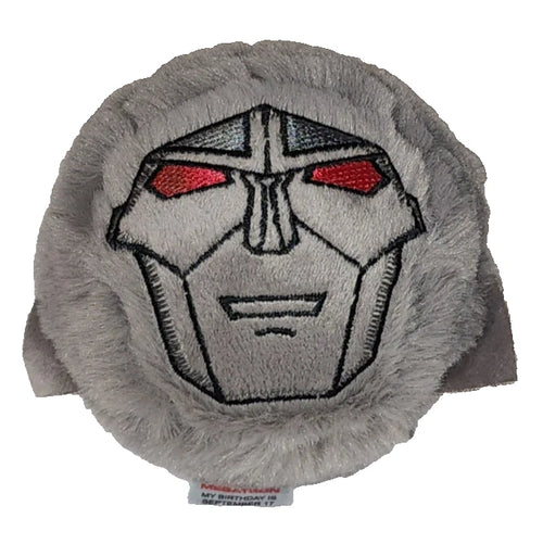 Gray plush toy with a robot face design on a white background