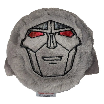 Gray plush toy with a robot face design on a white background