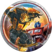 Transformers-themed paper plates with robot design on a red and yellow background