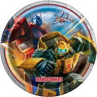 Transformers-themed paper plates with robot and vehicle designs on a circular background.