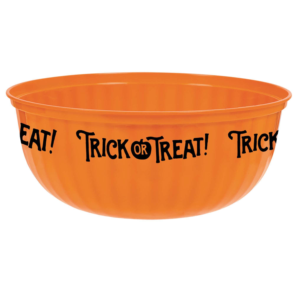 An orange plastic Halloween bowl with black 'Trick or Treat!' text printed around the side, shown on a plain white background.