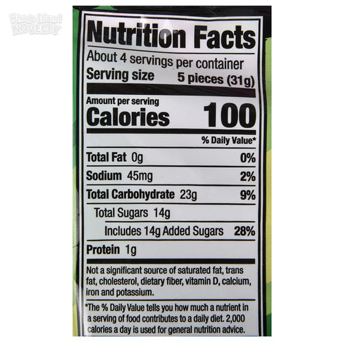 Nutrition facts label on a food package with serving size and calorie information.