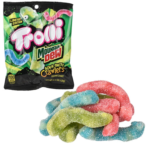 Trolli Mountain Dew Sour Brite Crawlers gummy candy with packaging on a white background