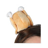 Plush turkey headband worn on a person's head against a white background
